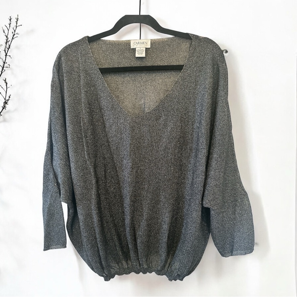 CARMEN by Carmen Marc Valvo Black Grey Shimmery Top - Picture 2 of 7